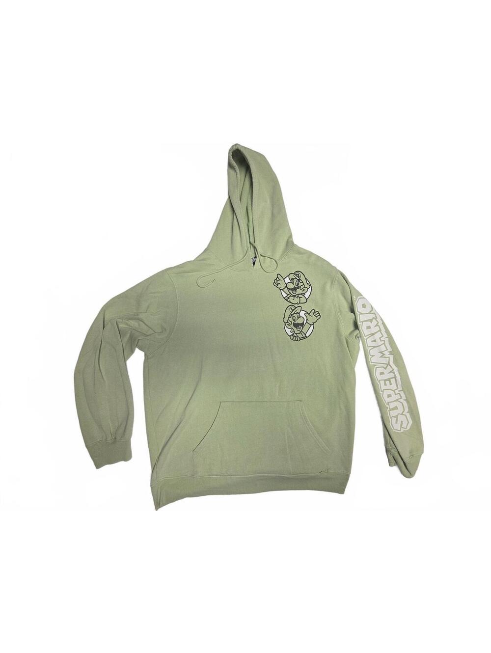 Super Mario Bowser Sage Green Graphic Pullover Hoodie Mens Size XL